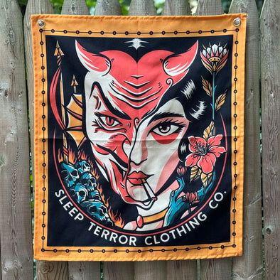 devil lady head tattoo design, small tattoo tapestry 