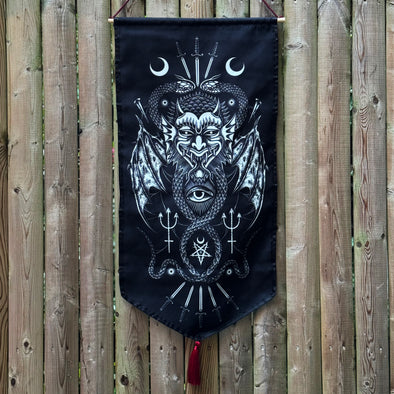 Black and white demon tattoo with daggers and snakes. Wooden rod hanging banner 