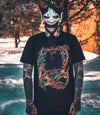 Traditional dragon tattoo design on black t-shirt worn by a male model. Men's dragon tattoo t-shirt. 