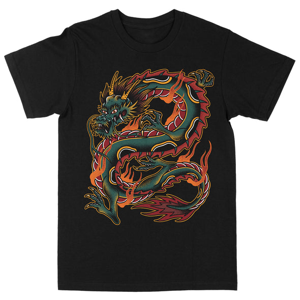 American Traditional dragon tattoo design on black cotton t-shirt