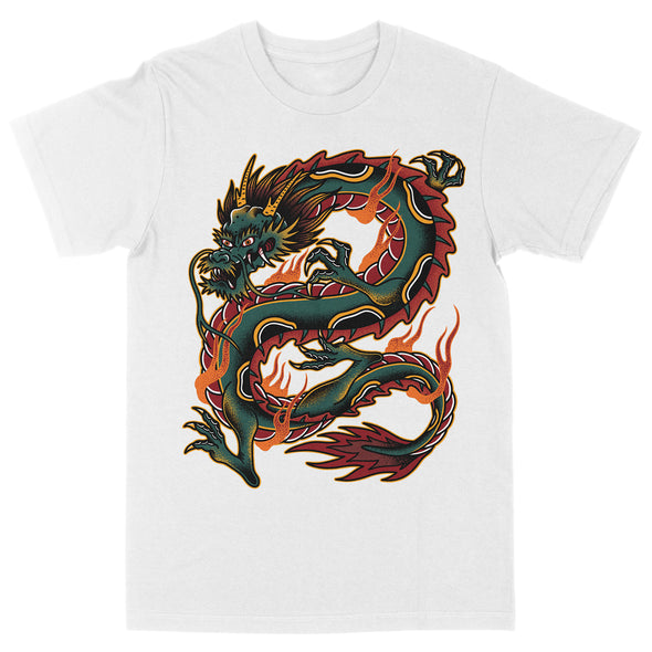 Traditional dragon tattoo design on white t-shirt