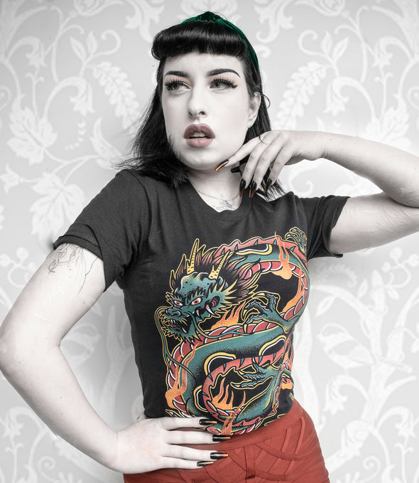 Traditional dragon tattoo design on black t-shirt worn by a female model. Women's dragon tattoo t-shirt. 