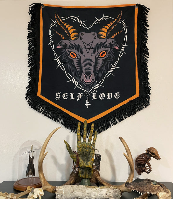 Tattoo shop pennant. Traditional tattoo inspired design featuring baphomet and the phrase Self Love on the bottom 