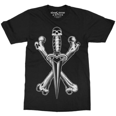 Black and white dagger and bones tattoo design on black t-shirt